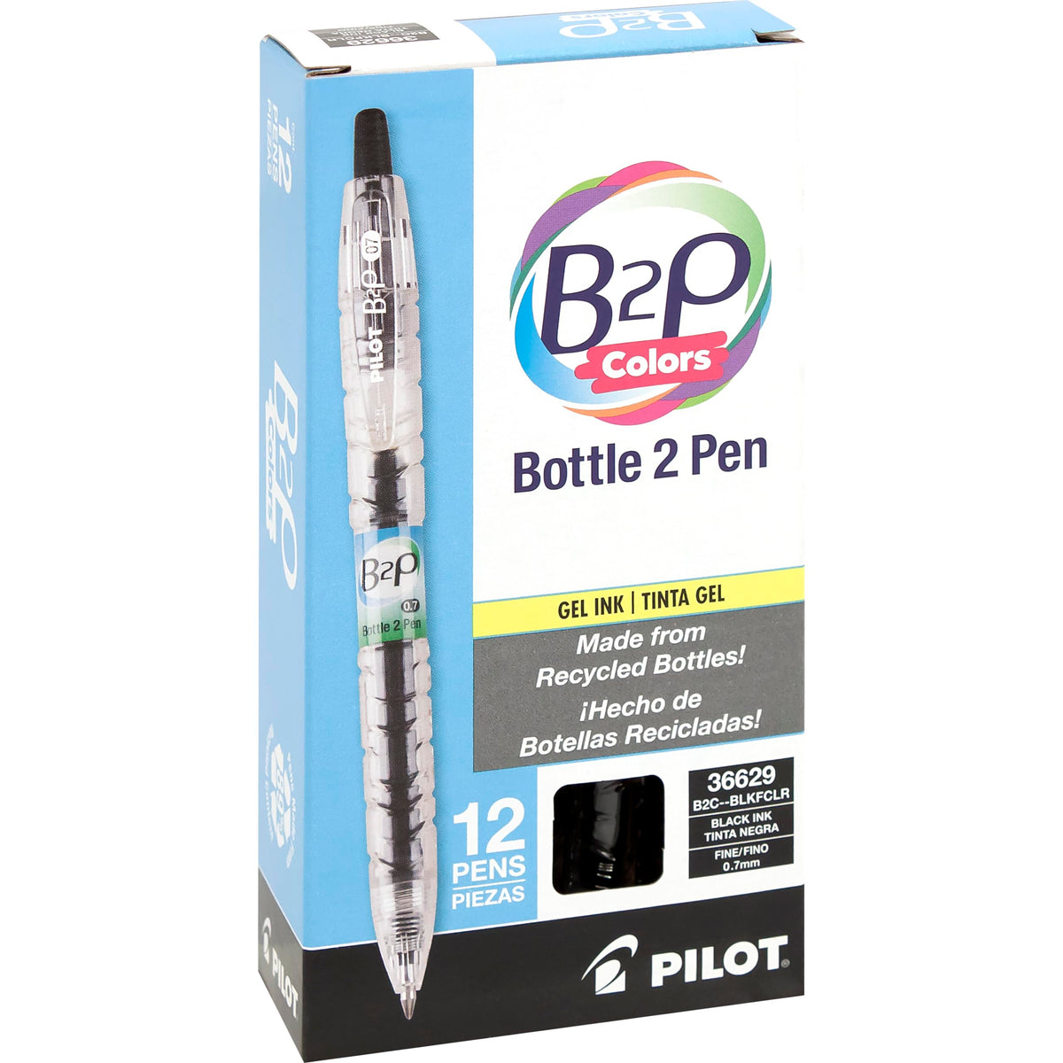 PILOT B2P Colors Gel Pen, Fine Point 0.7mm, Black, 12-Pack