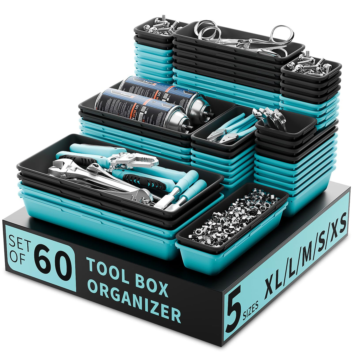 FLYVOLE Tool Box Organizer Tray, 60 PCS & 5 Sizes, Black and Sky Blue