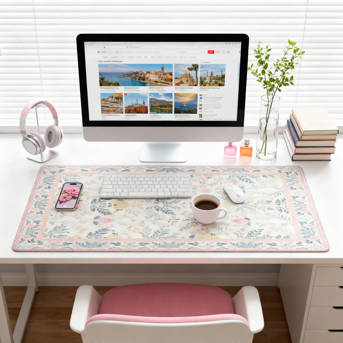 XXL Large Floral Mouse Pad - Pink Flower Desk Mat with Stitched Edges & Anti-Slip Base, Cute