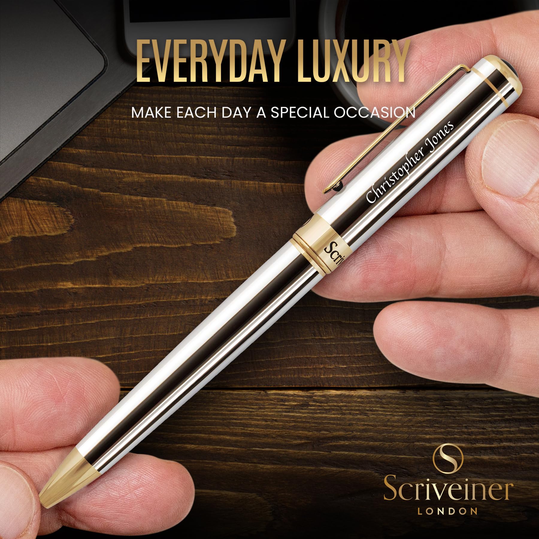 Scriveiner Personalized Silver Chrome Ballpoint Pen - Stunning Luxury Pen, Real Gold Plating