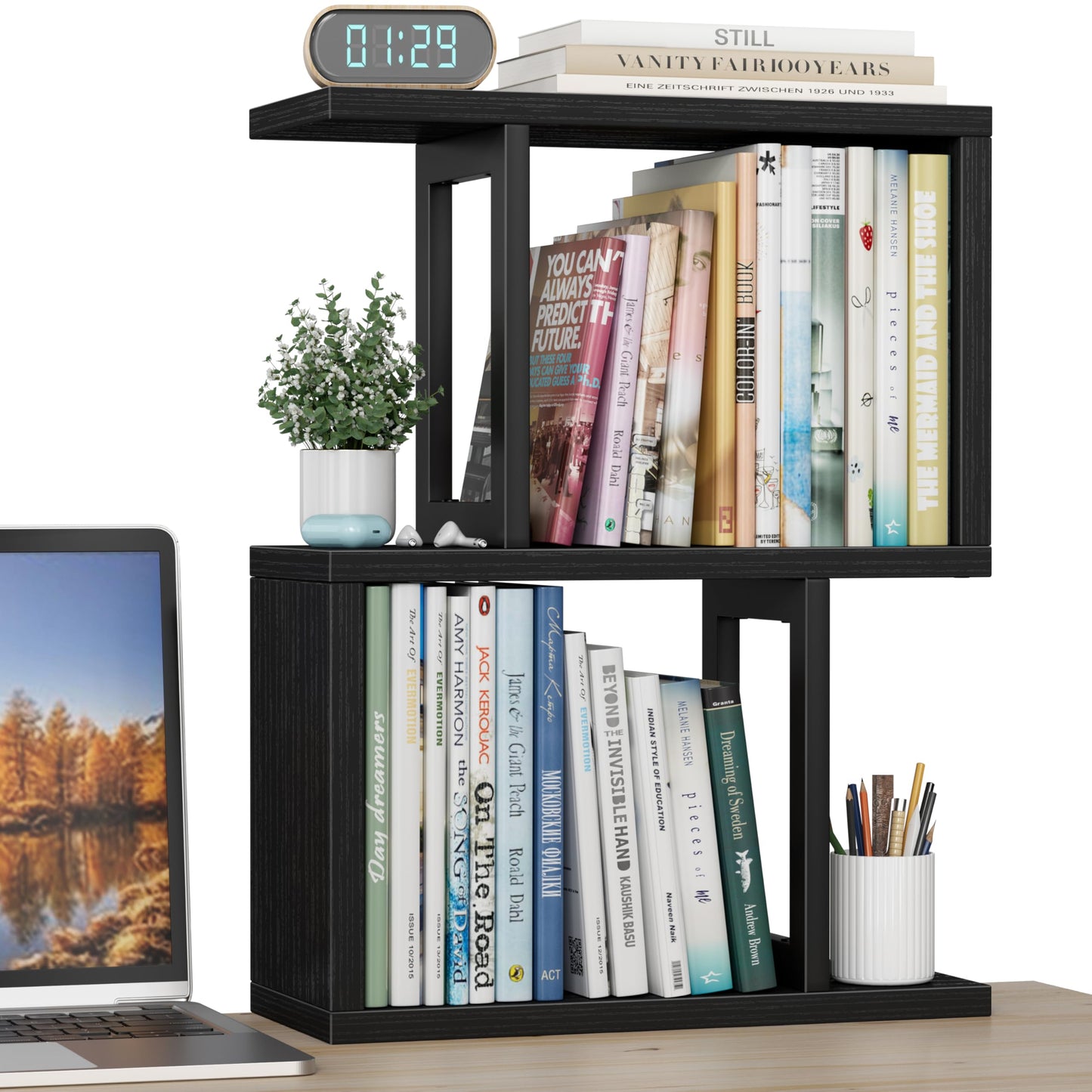 IGERI Desktop Bookshelf Shelf for Top of Desk - Black Small Organizer 3-Tier Shelves Storage