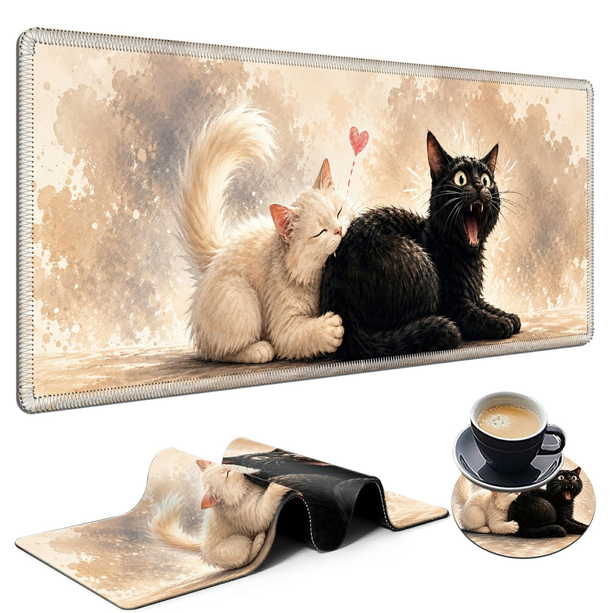 Mischievous Cat Pair Large Mouse Pad, 31.5 x 11.8 in Extended Desk Mat