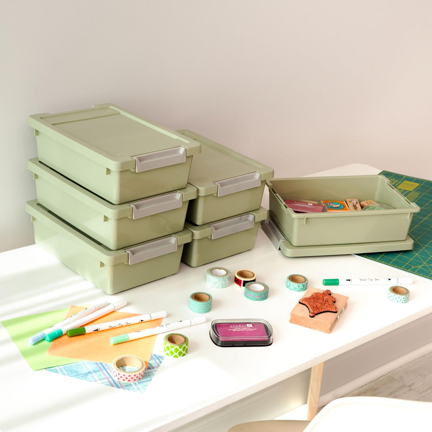 IRIS USA Storage Bins with Lids |Made in USA| 2 Qt - (6-Pack) - Sage Green