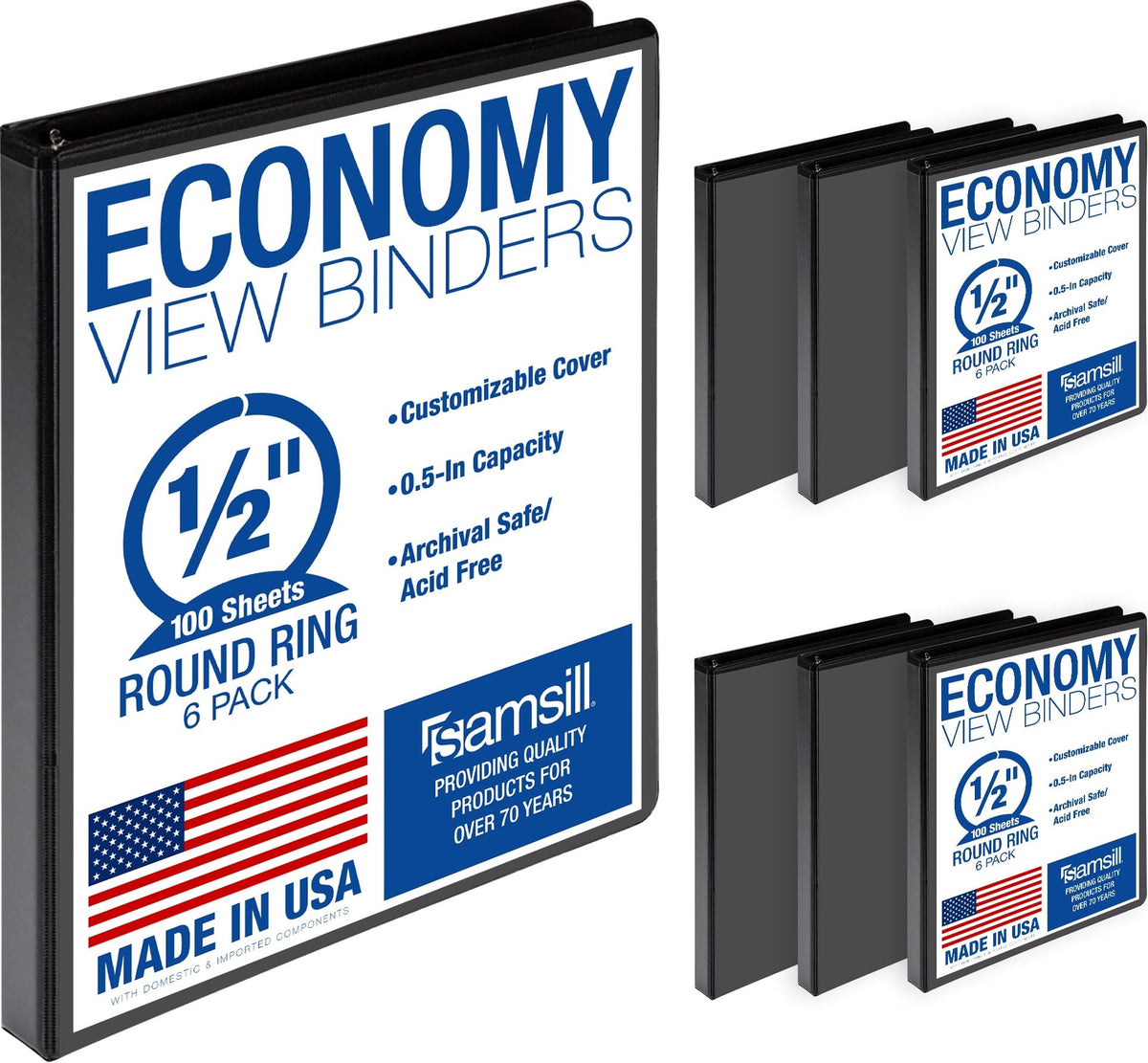 Samsill 0.5 Inch 3 Ring Binder, Economy Round Ring, Clear View Cover, 100 Sheet Capacity - for