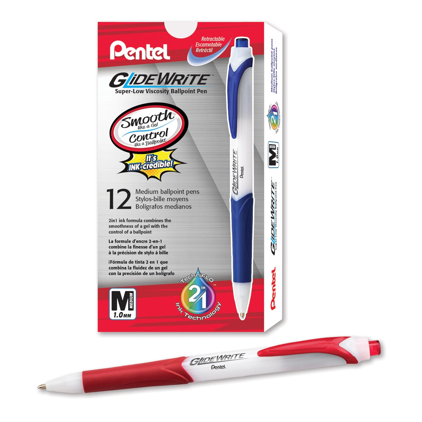 Pentel GlideWrite Ballpoint Pen with TechniFlo Ink, (1.0mm) Medium Line, Red, Box of 12 (BX910-B)
