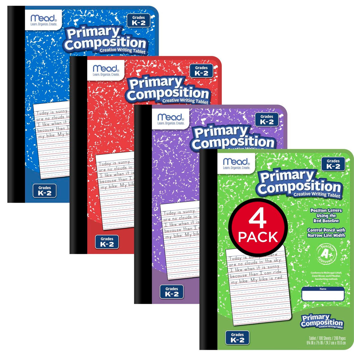 Mead Primary Composition Book, 4 Pack, Primary Ruled Journal, Grades K-2, 7-1/2" x 9-3/4", 100