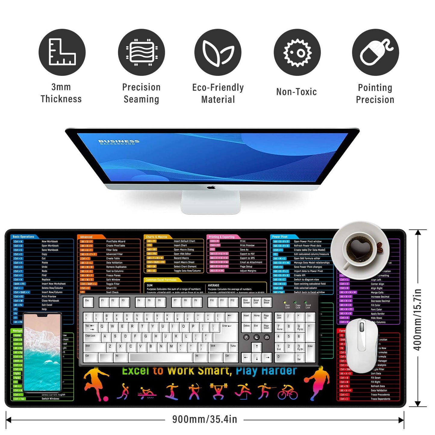 Anpollo Excel Shortcuts Cheat Sheet Desk Pad Mat– 35.4x15.7 Inches Large Mouse Pad with Non-Slip
