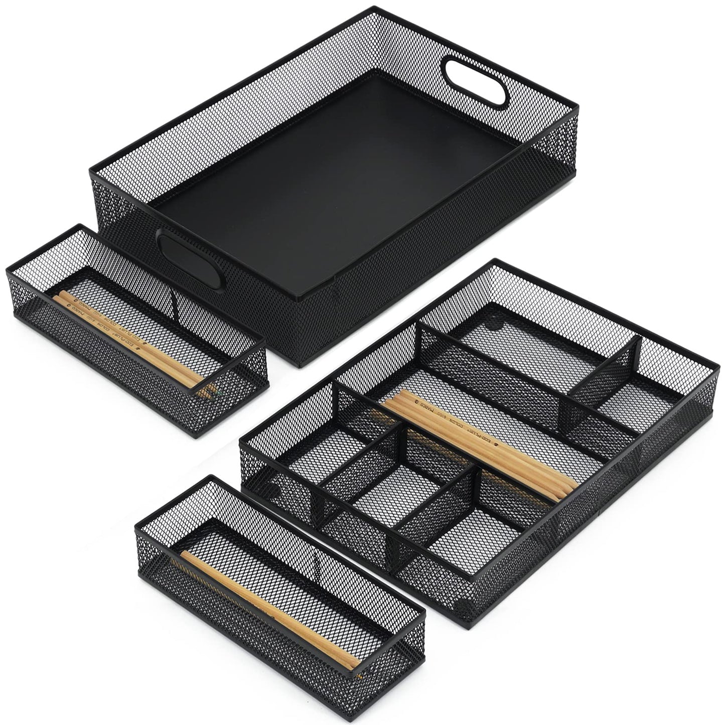 Neudeco Desk Drawer Organizer, 4 Pack Metal Mesh, Black