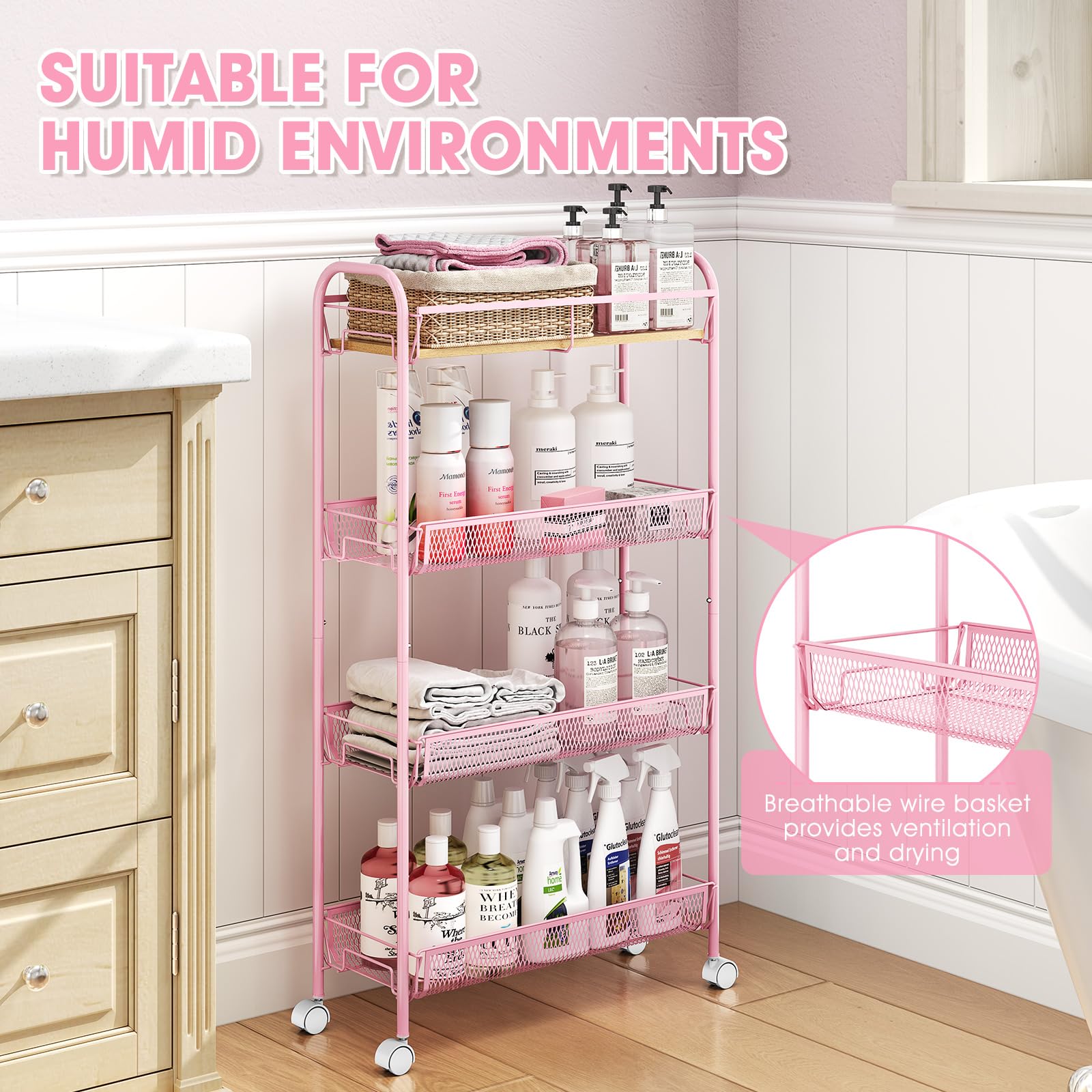 TOOLF 4-Tier Slim Rolling Cart, Metal Storage Cart with Wooden Tabletop and Mesh Baskets for Narrow