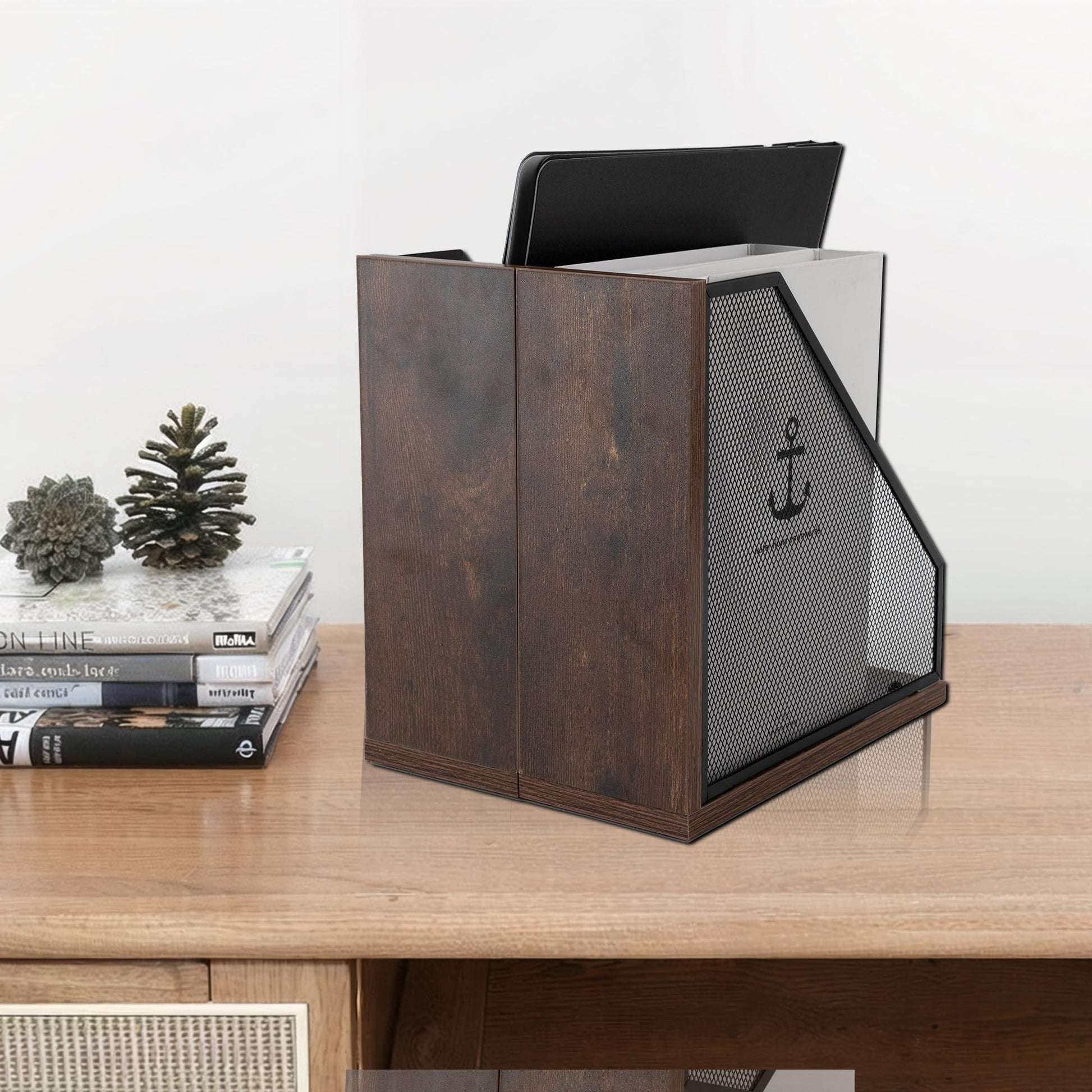 ASIFMTHOT Antique Wooden Magazine Holder,Mesh File Holder for Desk, Office Desk Accessories
