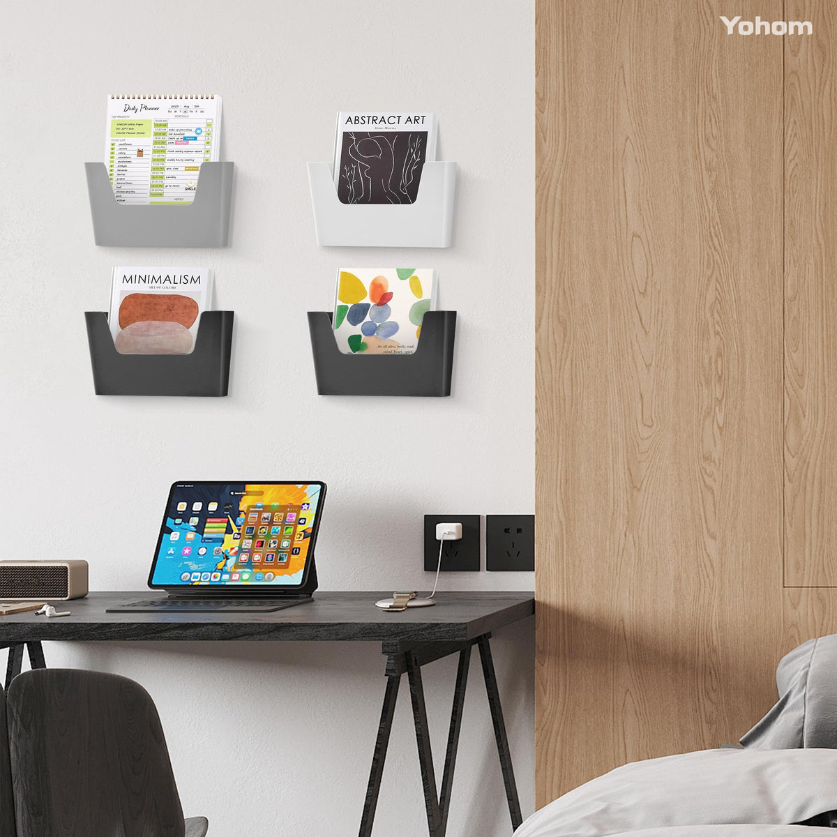 YOHOM Adhesive File Holder Plastic Document Folder Door No Drilling Mount Mail Magazine Organizer