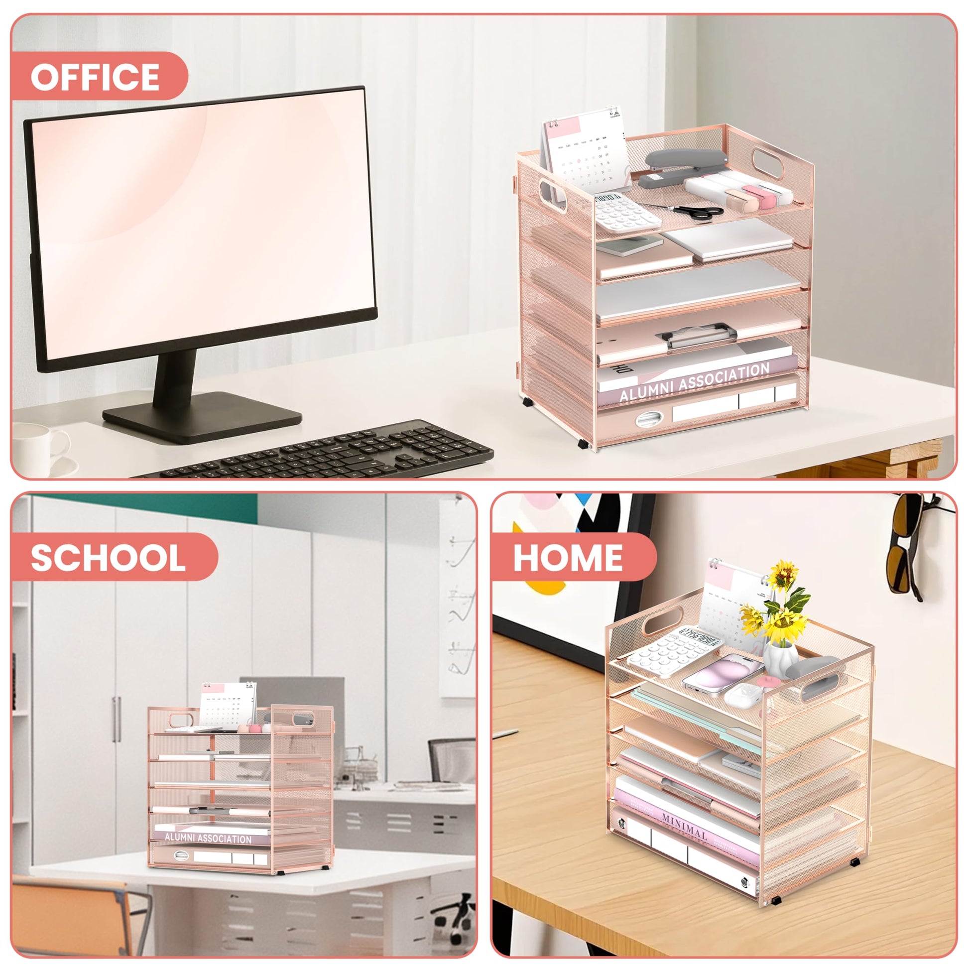 Daltack 6-Tier Paper Organizer for Desk with Handle, Rose Gold, 2 Pack