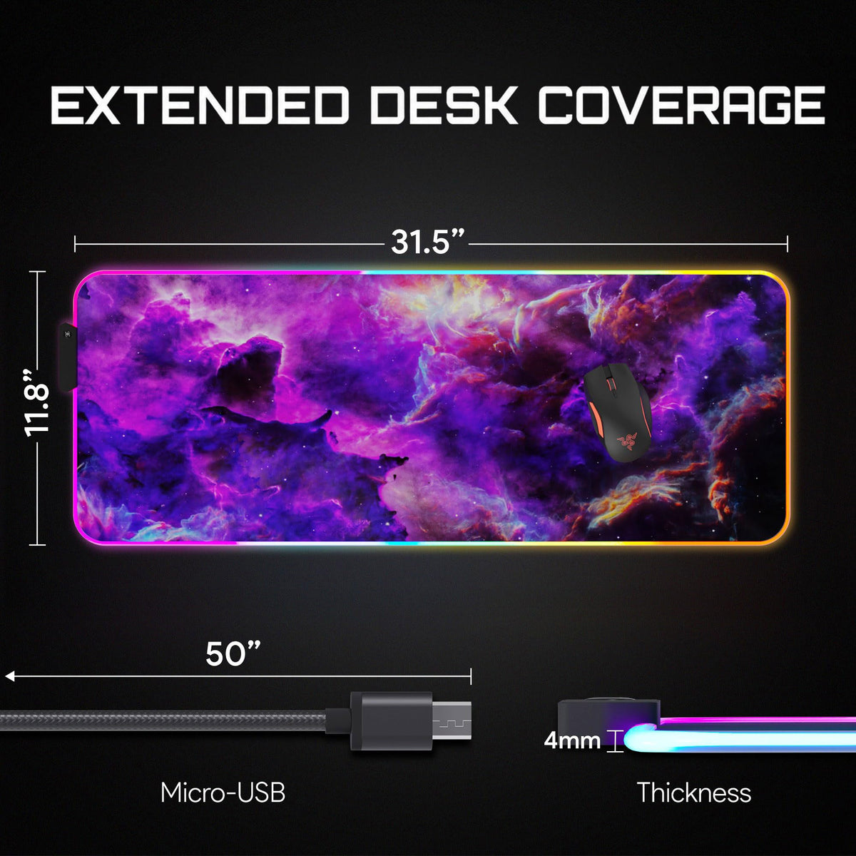 Gerlos RGB Gaming Mouse Pad, Large LED Desk Mat for Gamer, 31.5" x 11.8"