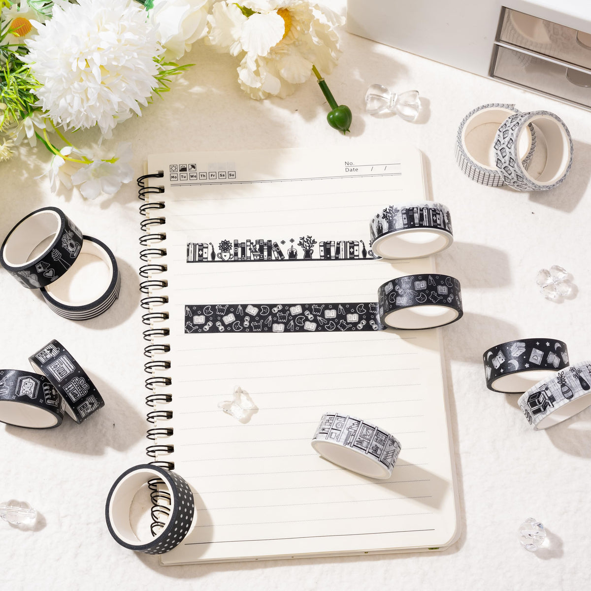 BkeeCten12 Rolls Black White Reading Book Library Theme Designs Washi Tape