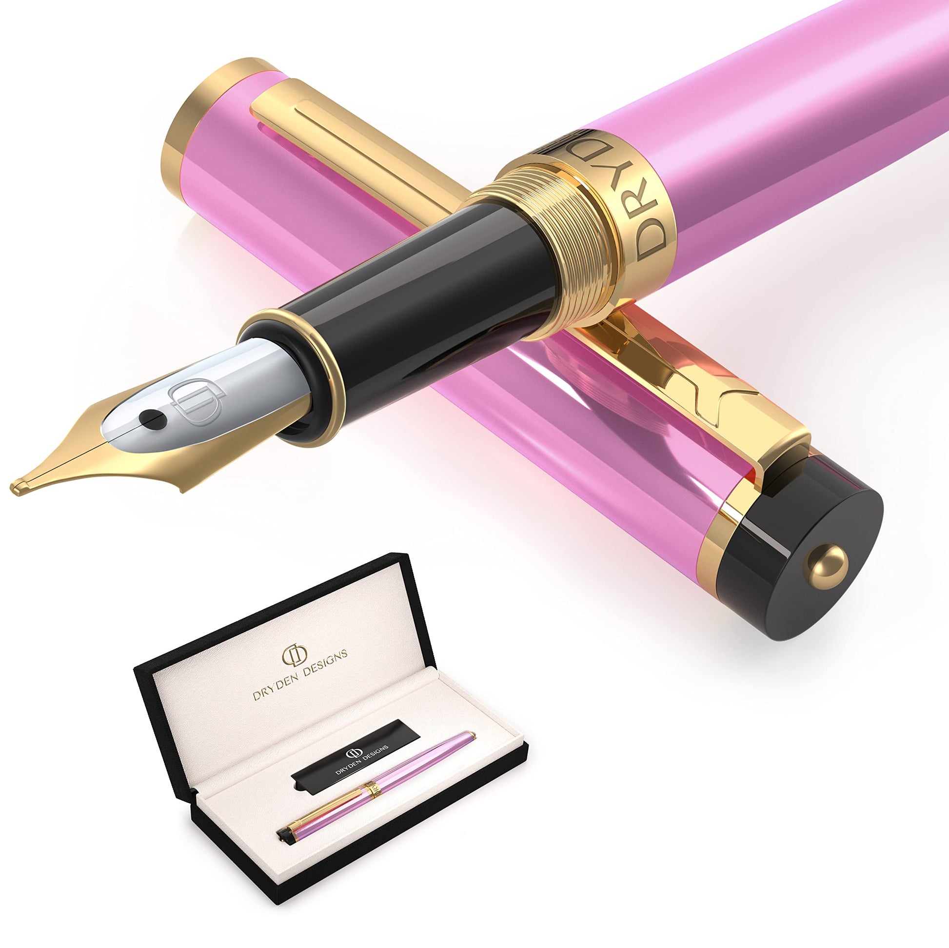 Dryden Designs Fountain Pen. Medium Nib Premium Box | 6 Ink Cartridges Included (Luscious Pink)