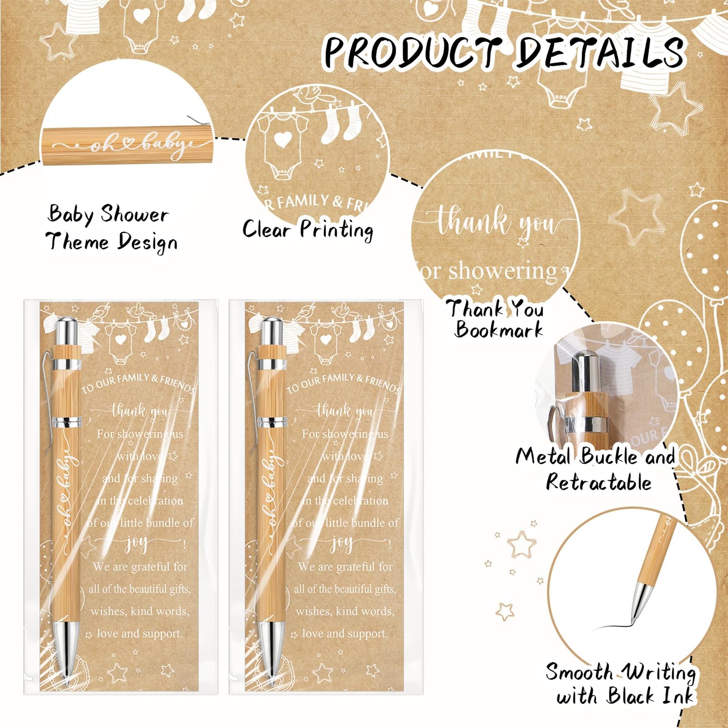 Zhanmai 72 Set Baby Shower Favors Bamboo Thank You Pens Cards Bags