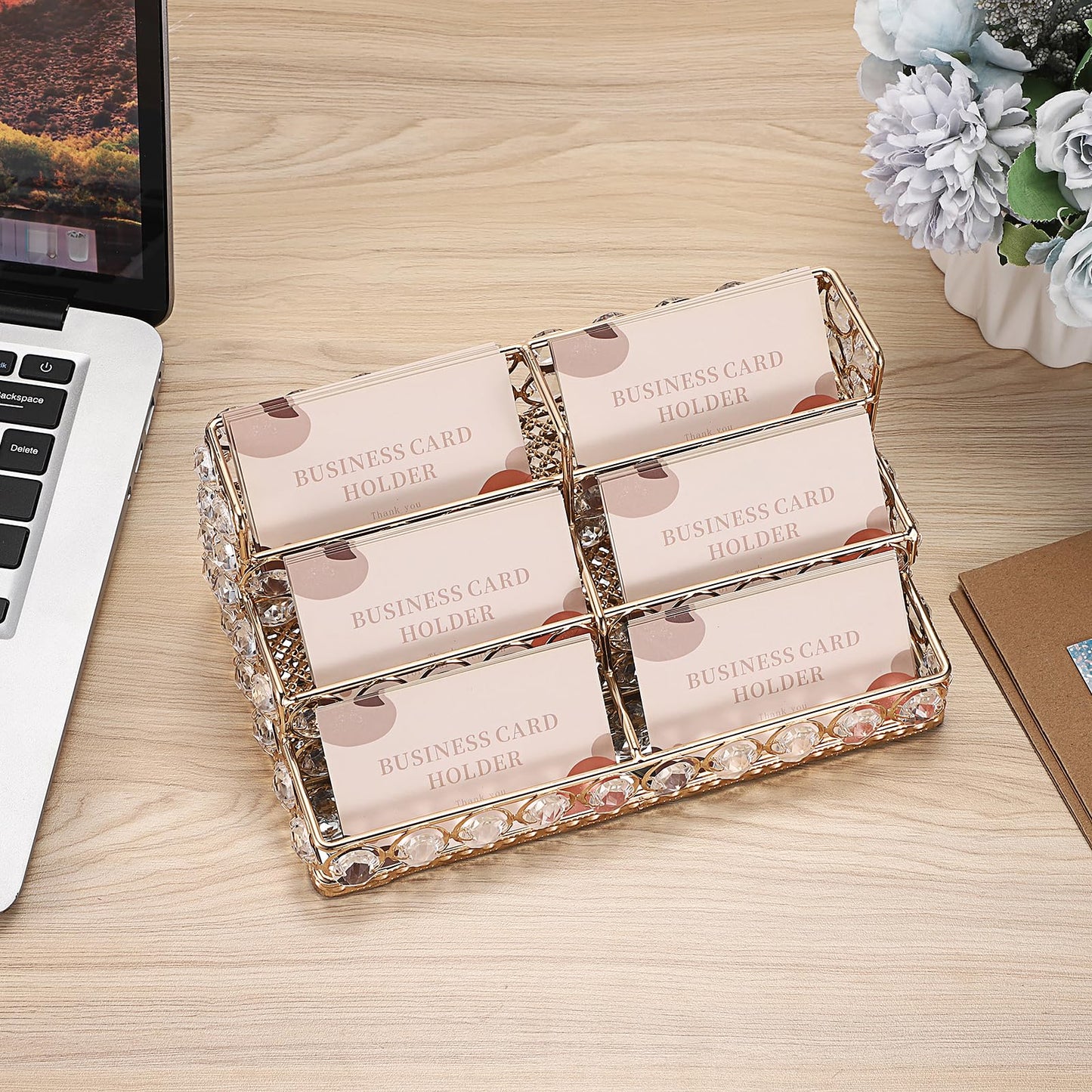 Hipiwe 3 Tiers Crystal Business Card Holder Gold Business Card Display Stand with 6 Slots Name Card