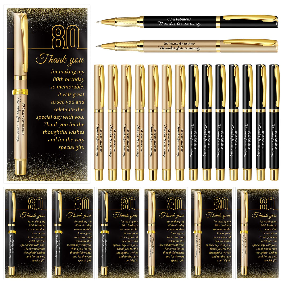 Feifeiya 50 Set 80th Birthday Favors with Black Gold Pens Cards