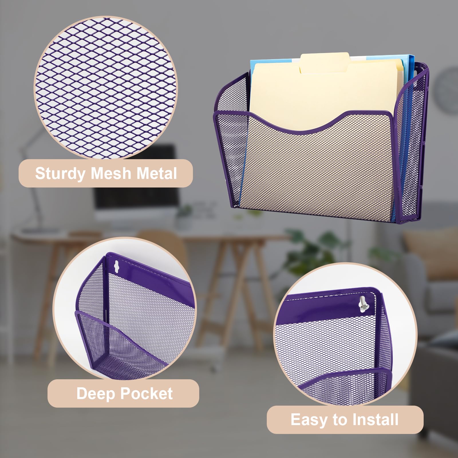 EASEPRES 3 Single Pocket Mesh Hanging File Organizer, Vertical Wall Mounted Magazine File Holder