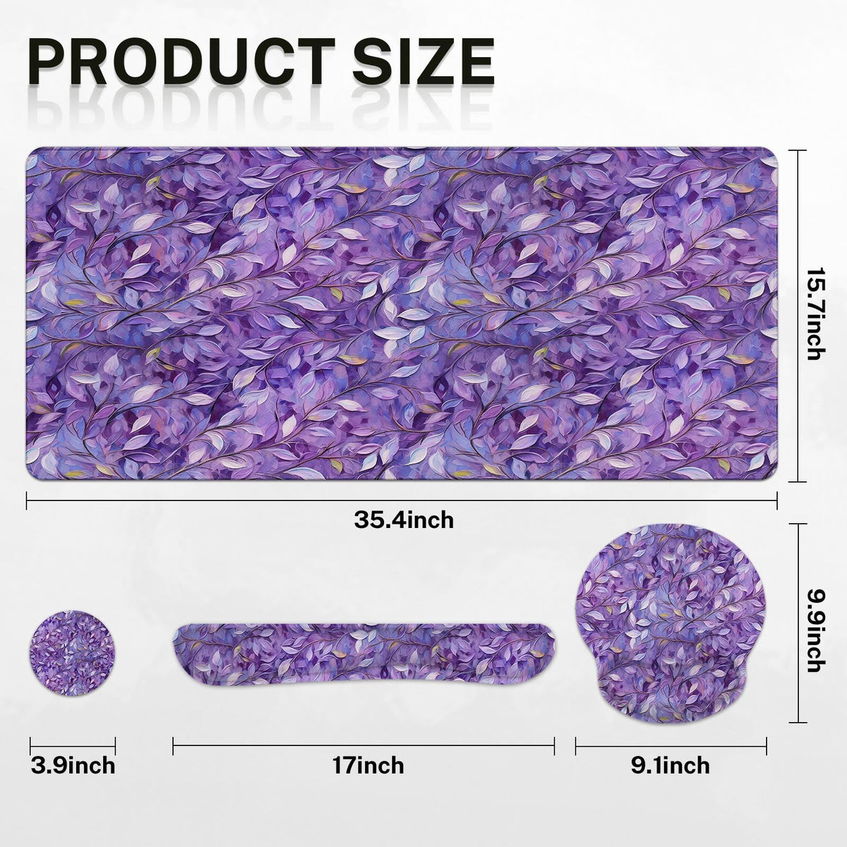 Britimes Keyboard Mouse Pad Set, 4 in 1 Desk Mat Set, Purple Leaves Oil