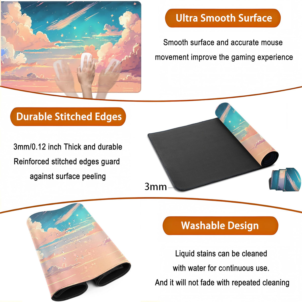 Cool Pink Desk Mat Pastel Clouds Large XXL Gaming Mouse Pad Non-Slip Rubber Base Mousepad, Office