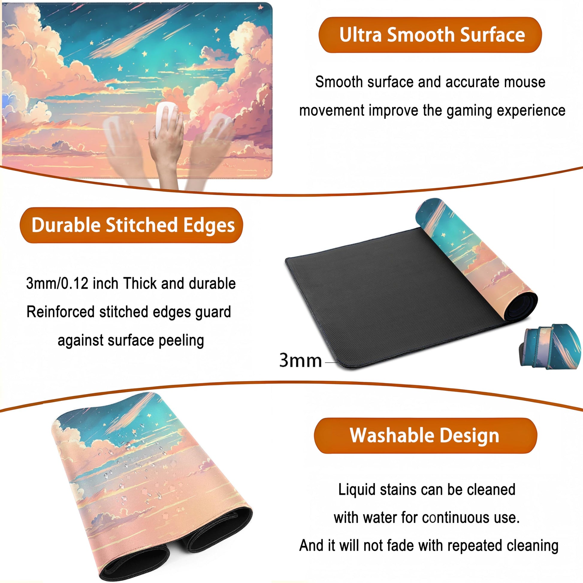 Cool Pink Desk Mat Pastel Clouds Large XXL Gaming Mouse Pad Non-Slip Rubber Base Mousepad, Office