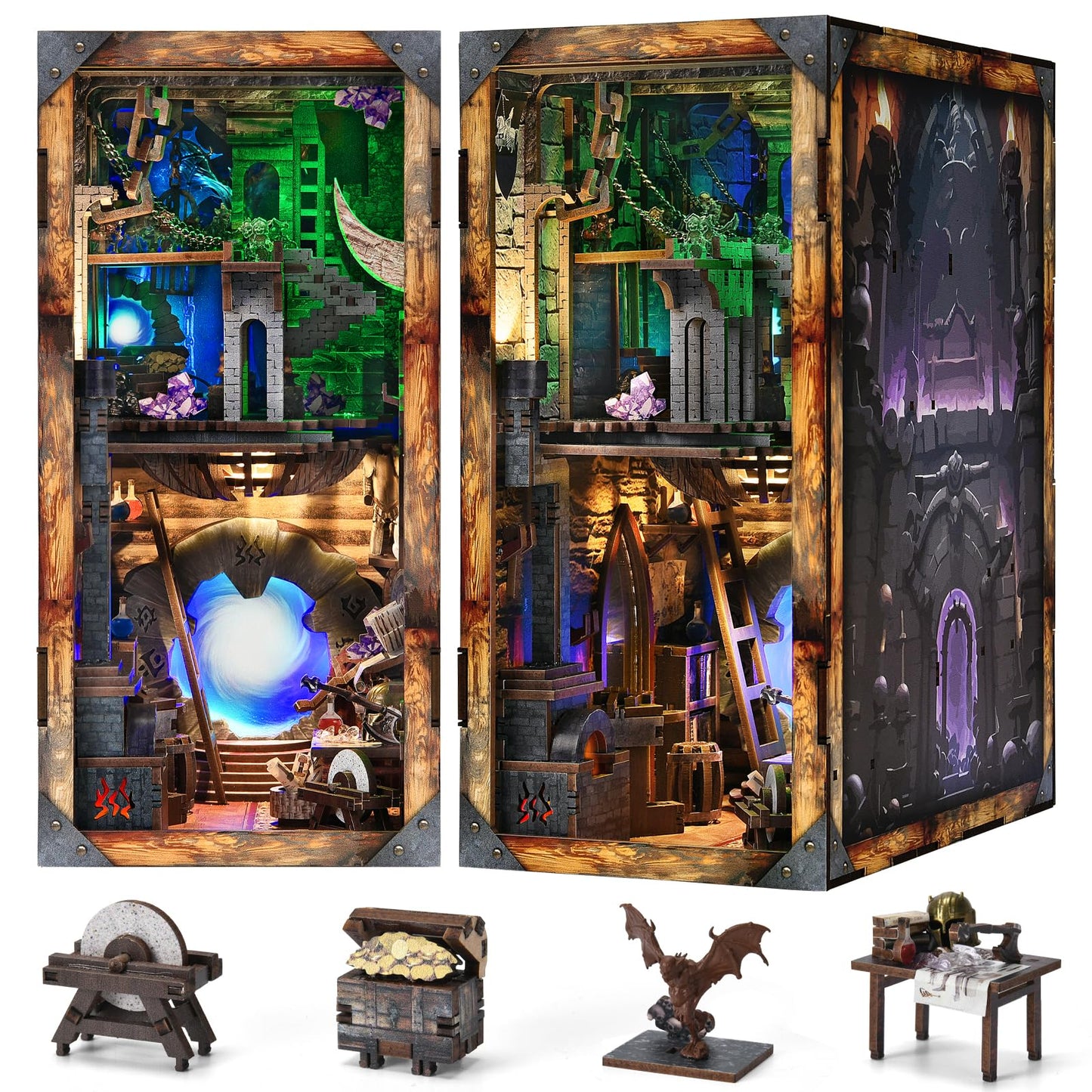 MiniCity Blade and Magic Book Nook Kit, DIY Wooden Miniature Scene with LED