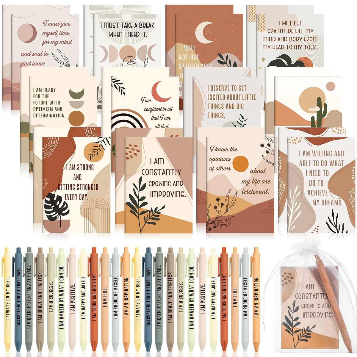 Mooliwe 24 Set/48 Pcs Positive Affirmation Gift Set Gratitude Notebooks with Pens Small Bags
