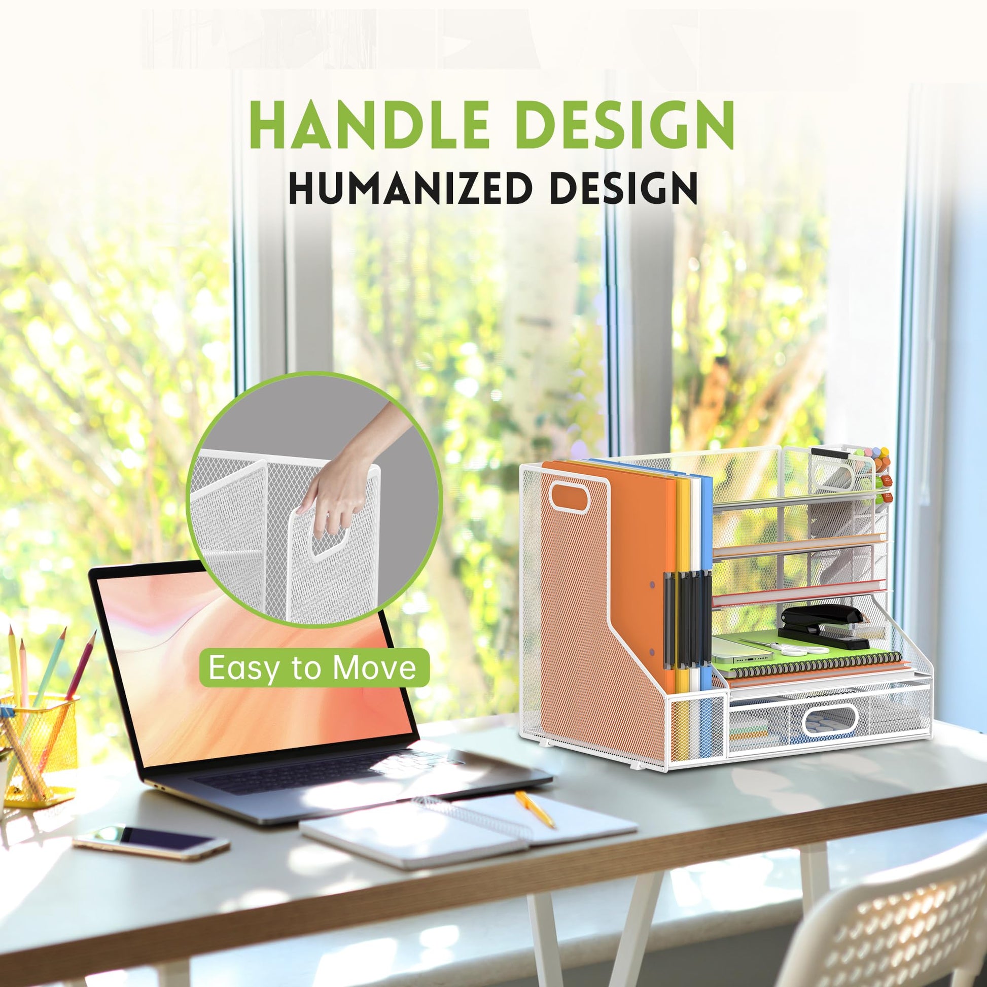 5-Tier Desk Organizer with File Holder & Pen Holder & Sliding Drawer, White