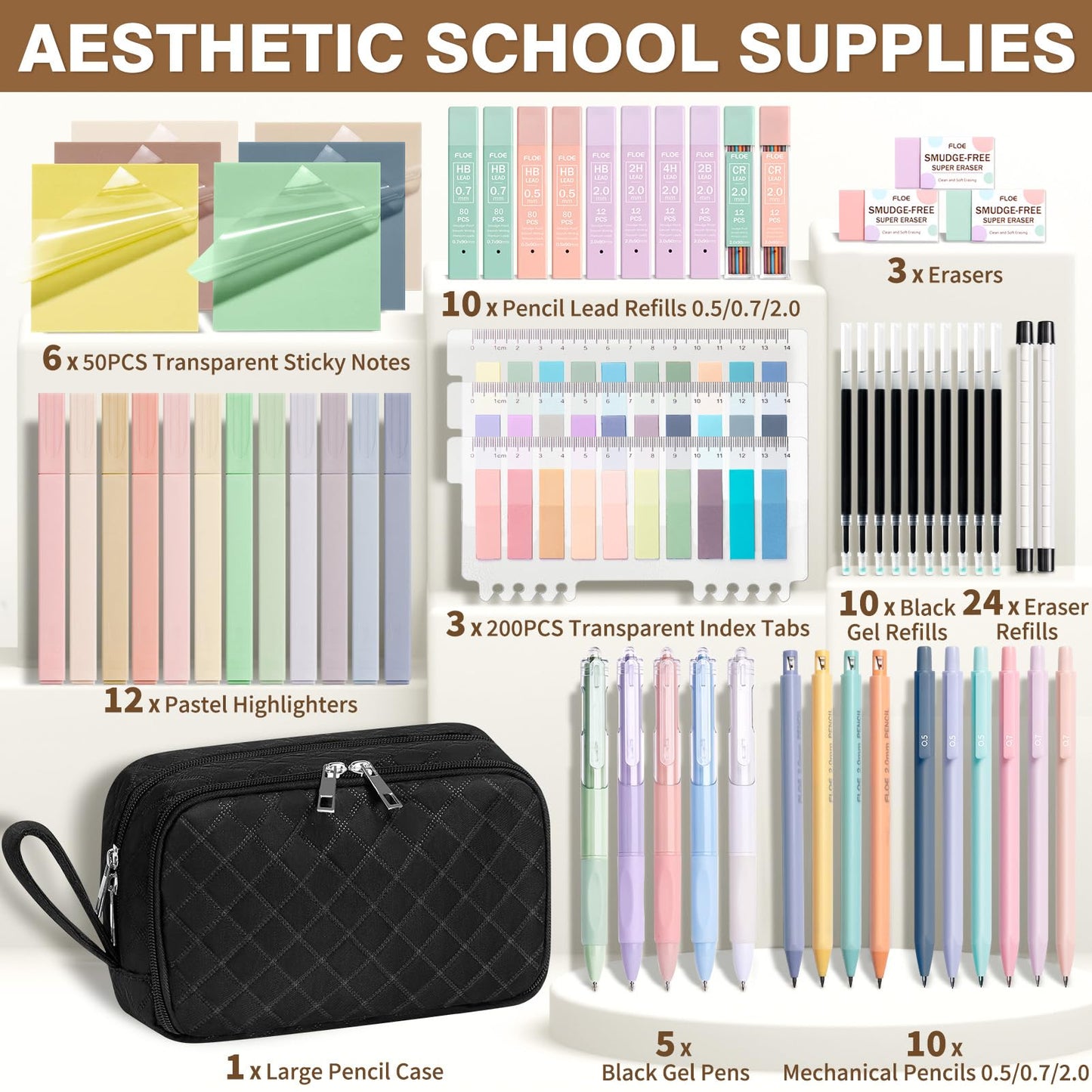 62PCS Aesthetic Back to School Supplies w/ Cute Pencil Case Stationary Set