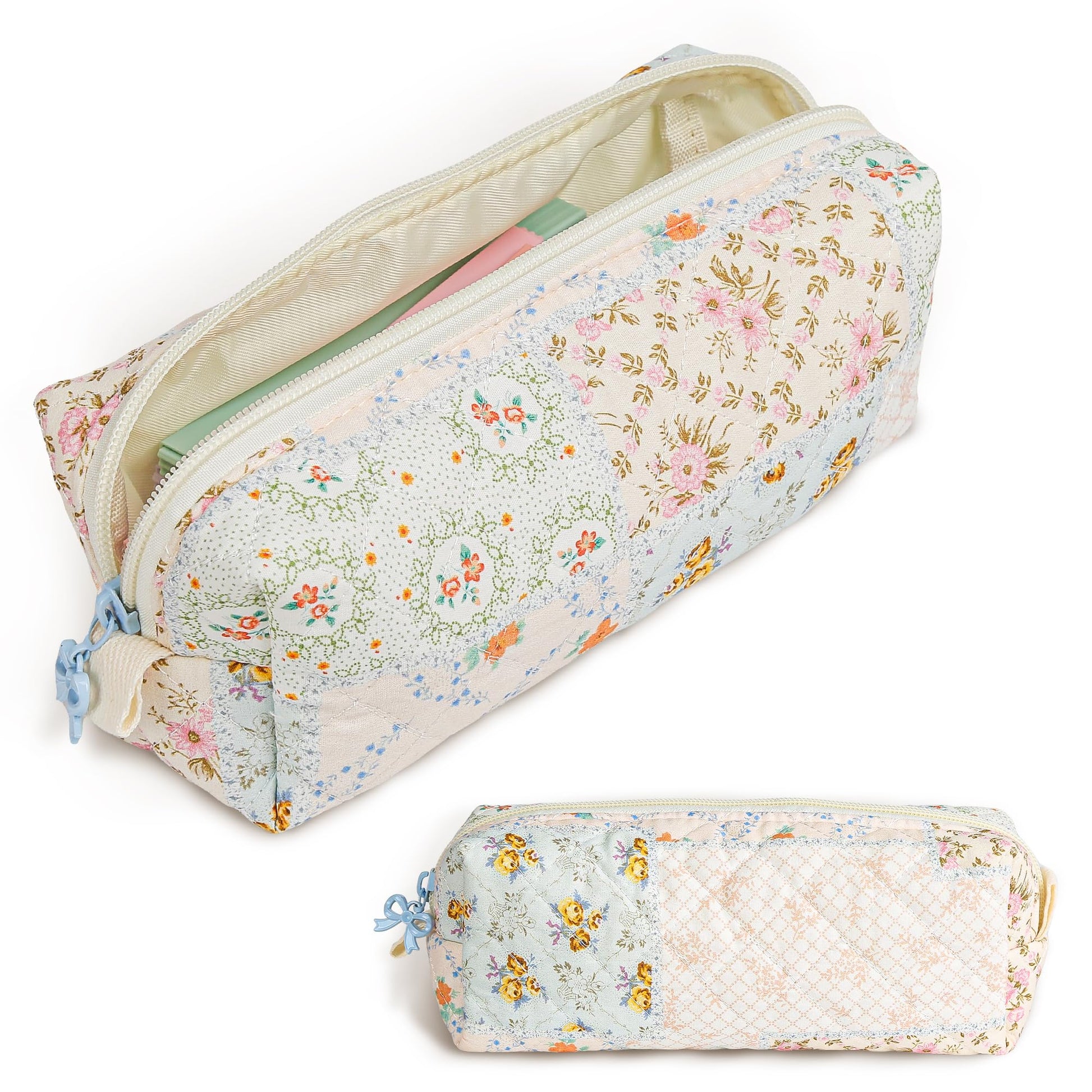 shiprabags Cute Quilted Pencil Case for Women, Aesthetic Small Floral Pencil Pouch, Slim Soft