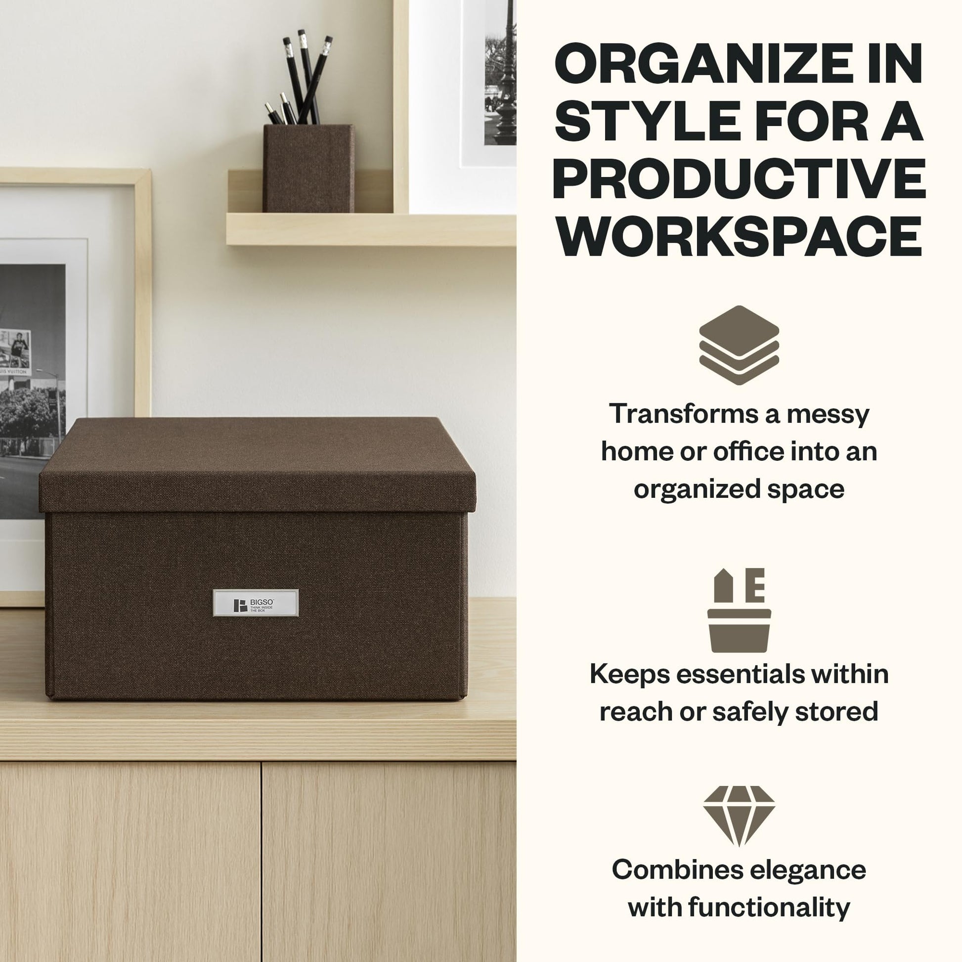 Bigso Katrin Collapsible Storage Box with Lid - Decorative Photo Storage Box with Label Holder for