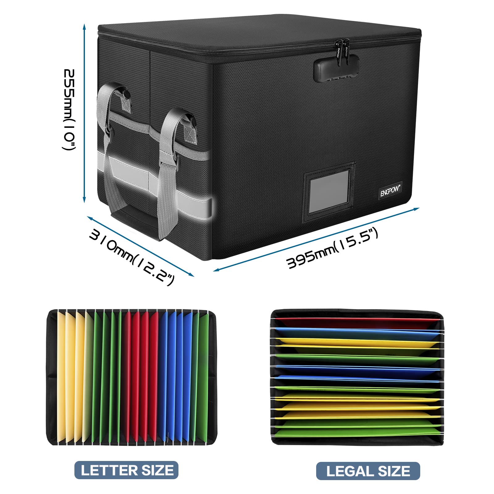 ENGPOW File Box with Lock, Fireproof Document Box with Pockets, Collapsible File Organizer Filing