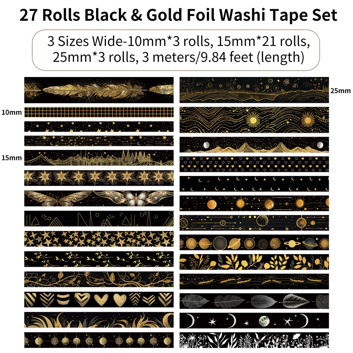 NANYNNU Black Washi Tape Set, 27 Rolls Black Gold Foil Decorative Masking Tape for Bullet