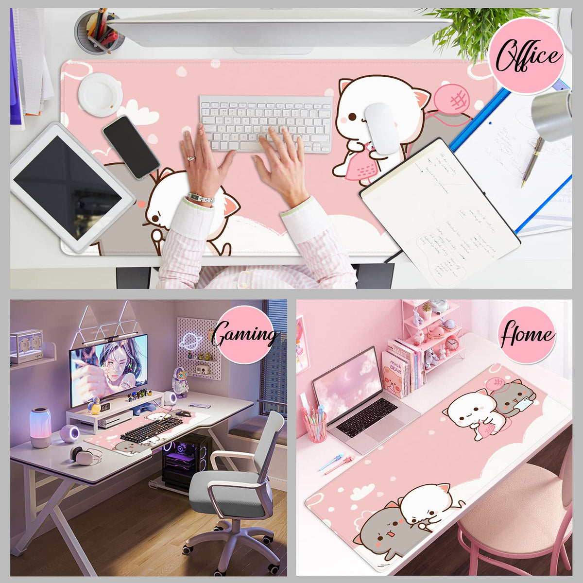 Pink Large Gaming Mouse Pad Kawaii Desk Pad XXL Cute Cat Mouse Mat 35x15.7x0.12 inch Desk