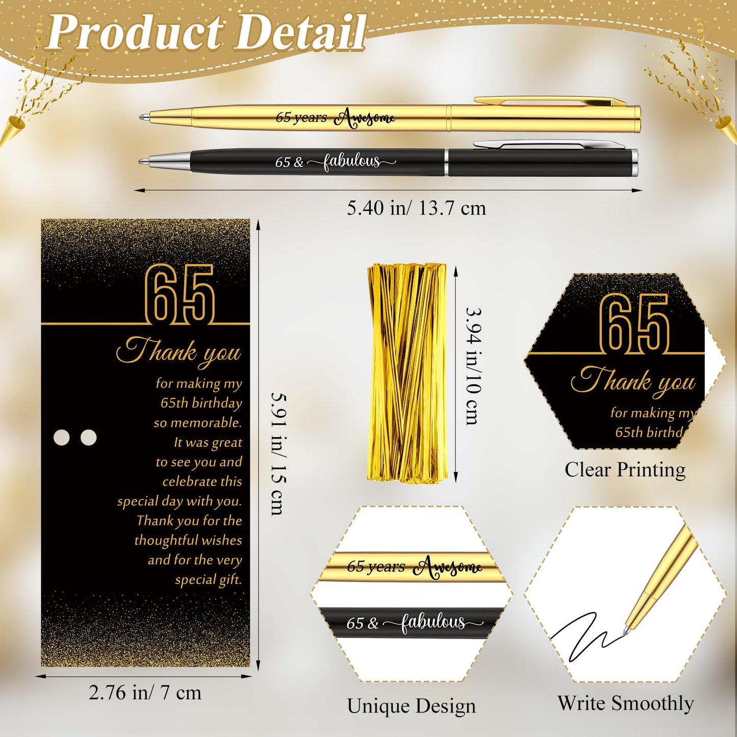 Feifeiya 65th Birthday Party Favors with Black Gold Pens Thank You Cards
