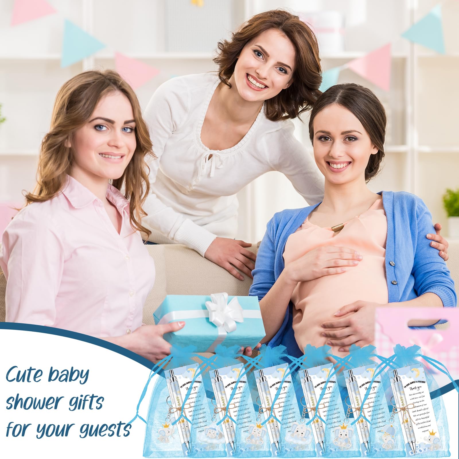 EYNDYN 145 Pieces Baby Shower Favors for Guest Blue Elephant Ballpoint Pens and Keychains Gifts for