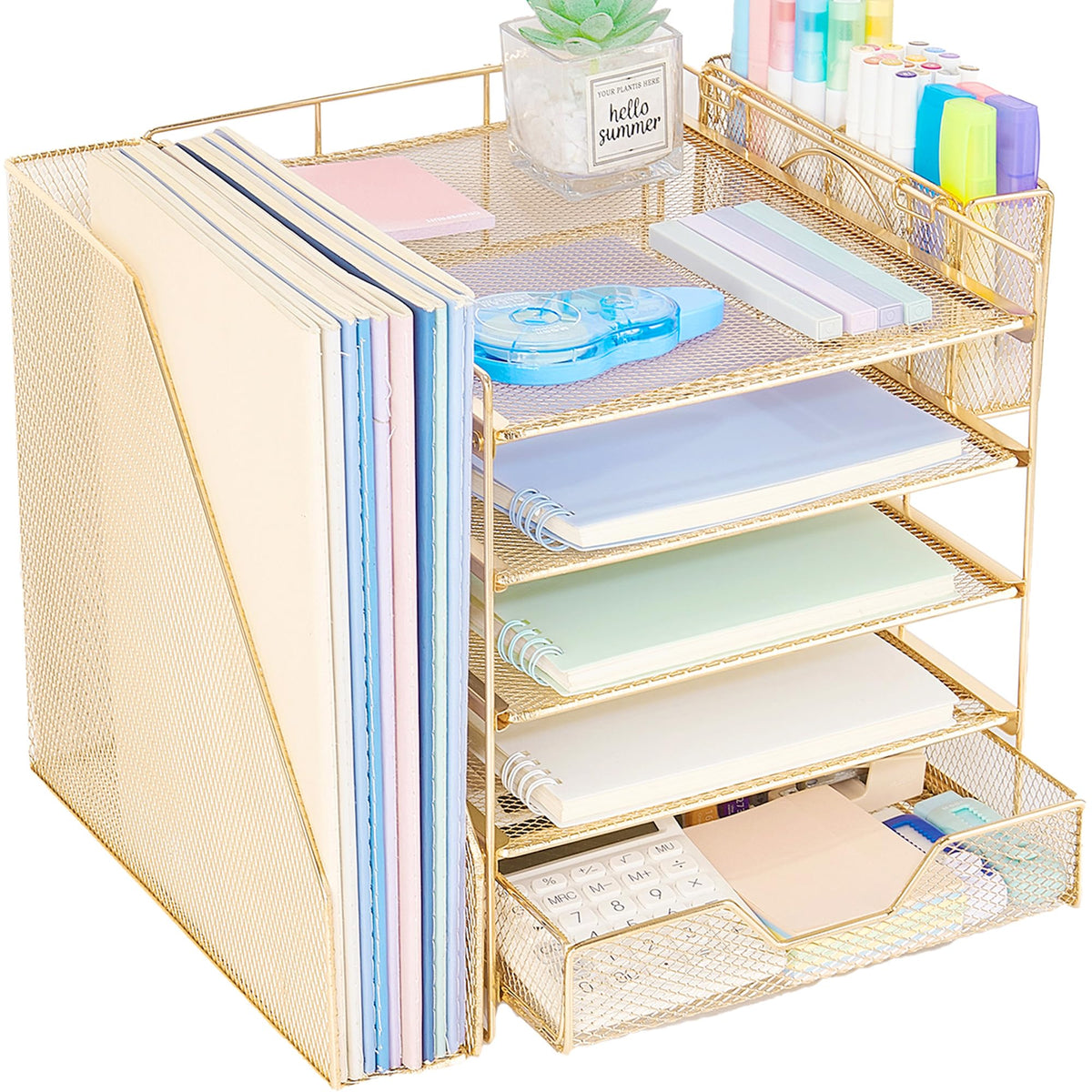 Gugsey 5-Tier Desk File Organizer with Drawer & Pen Holder (Gold)