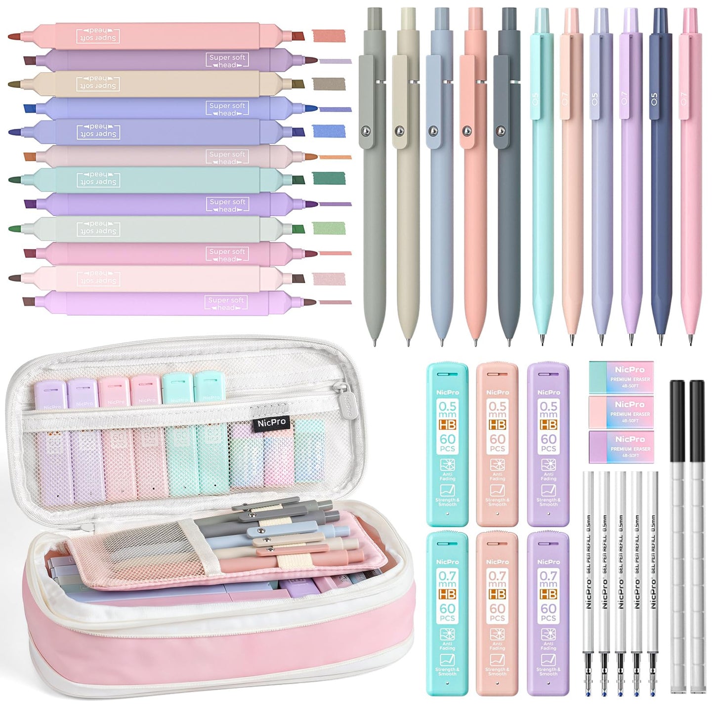 Nicpro School Supplies Stationary Set with Pencil Case, 39 PCS Pink