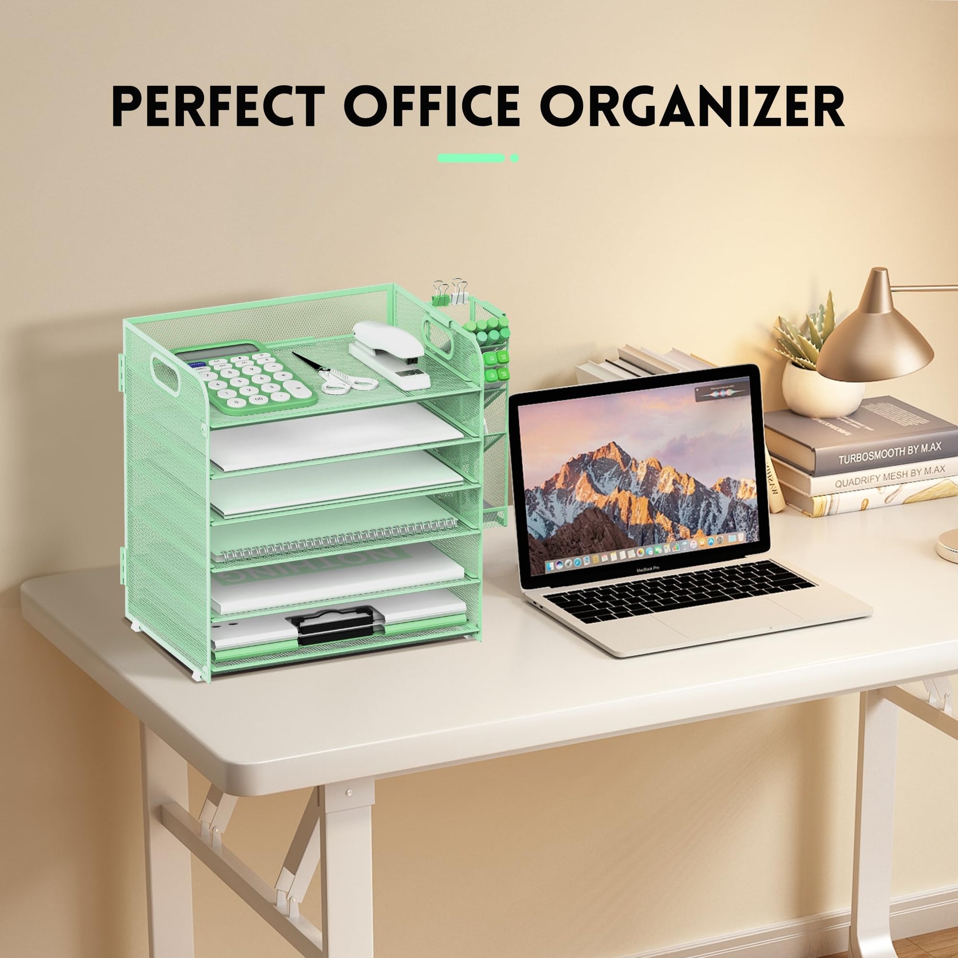 Supeasy 6 Tier Desk Organizer with 4 Pen Holders & Paper Trays Mint Green