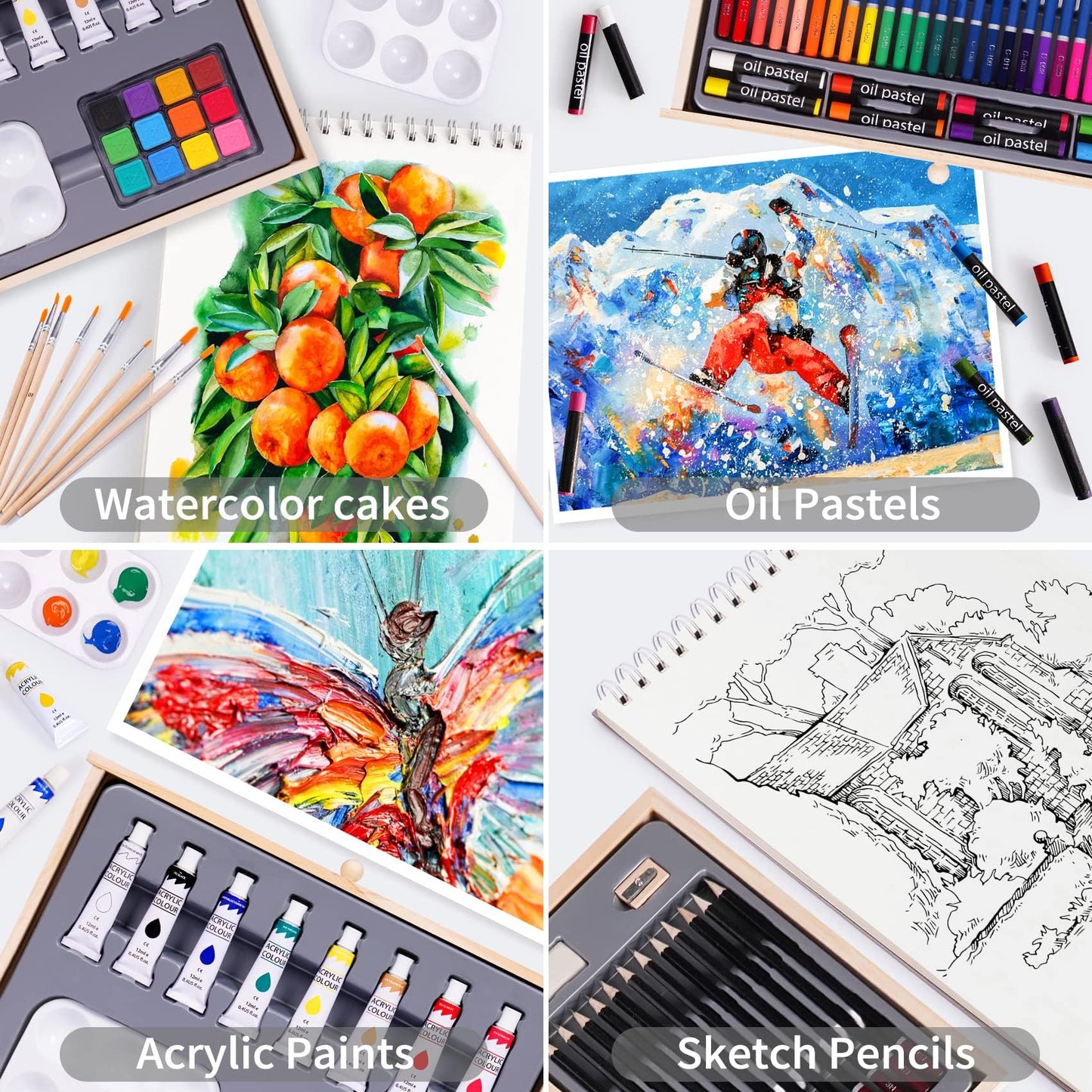 Art Set 85 Piece with Built-in Wooden Easel, 2 Drawing Pad, Art Supplies in Portable Wooden