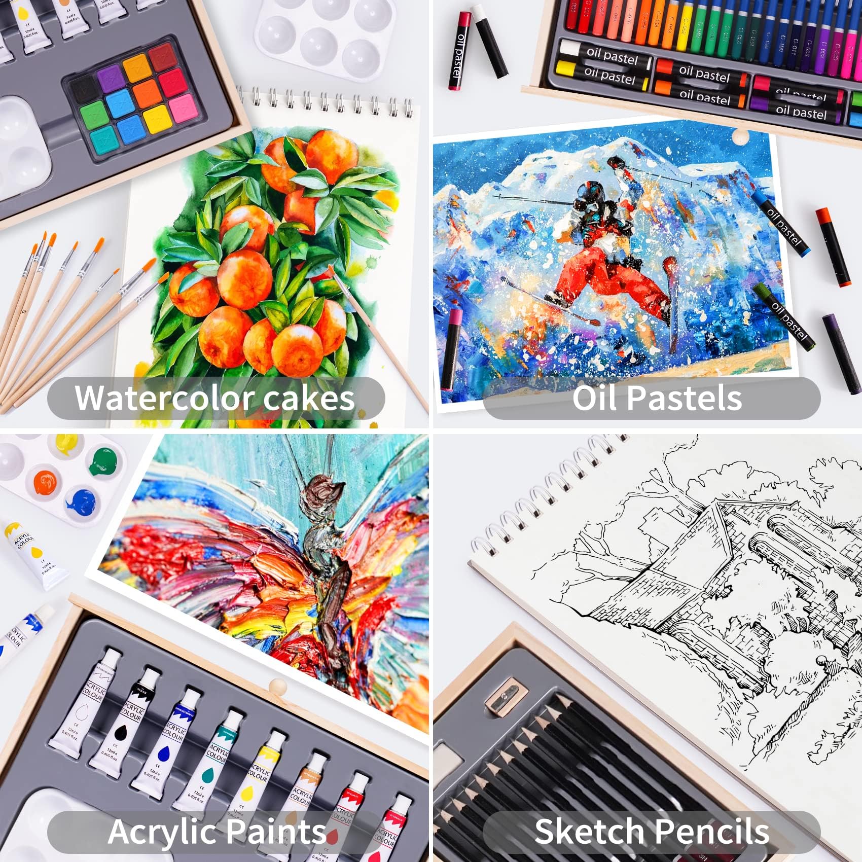 Art Set 85 Piece with Built-in Wooden Easel, 2 Drawing Pad, Art Supplies in Portable Wooden