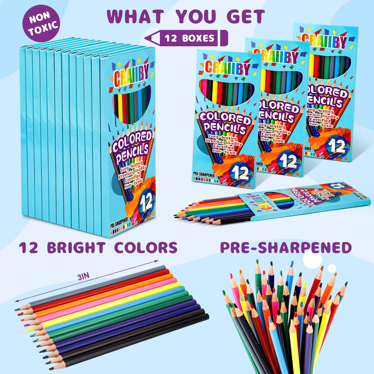 Craiiby Colored Pencils Bulk 144 Count, 12 Packs of 12 Colors Pre-Sharpened, Classroom Supplies for