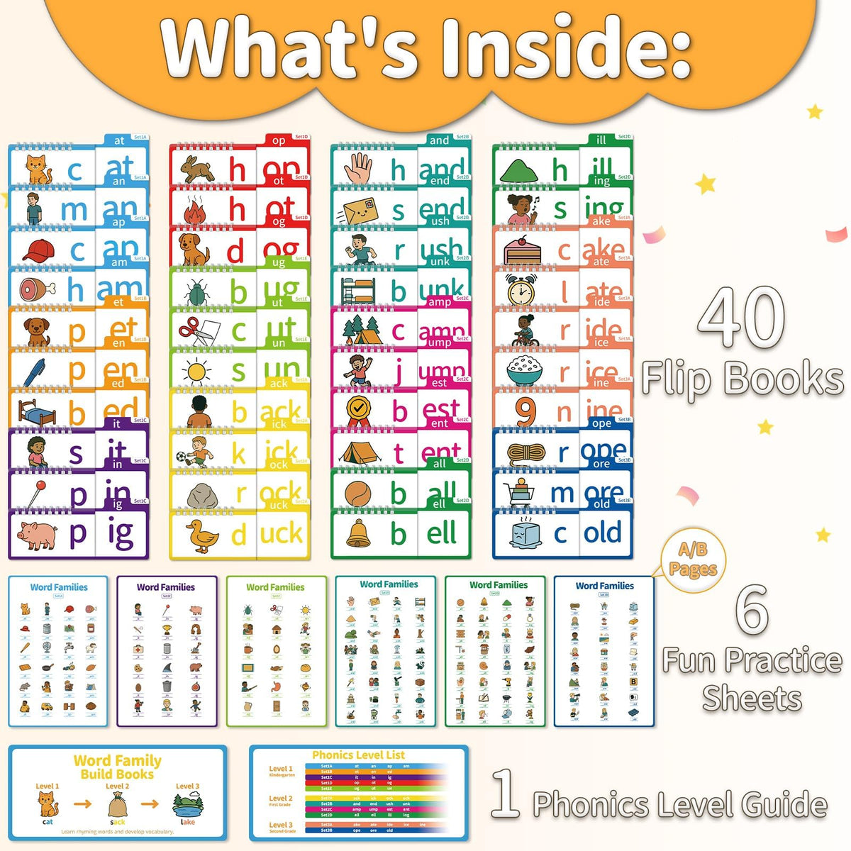 Sinoome Phonics Flash Cards & Word Family Build Book Fun Kids Flip Books