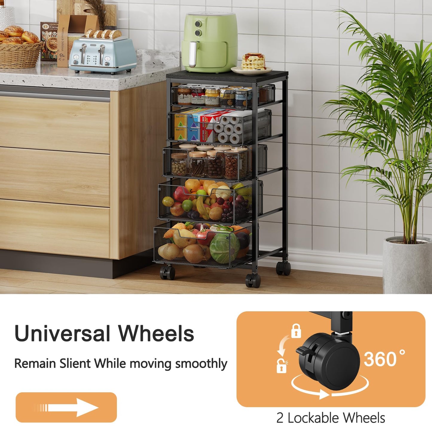 Kitchen Storage Cart with Drawer, 5-Tier Fruit Vegetable Storage Cart, Kitchen Organizer and