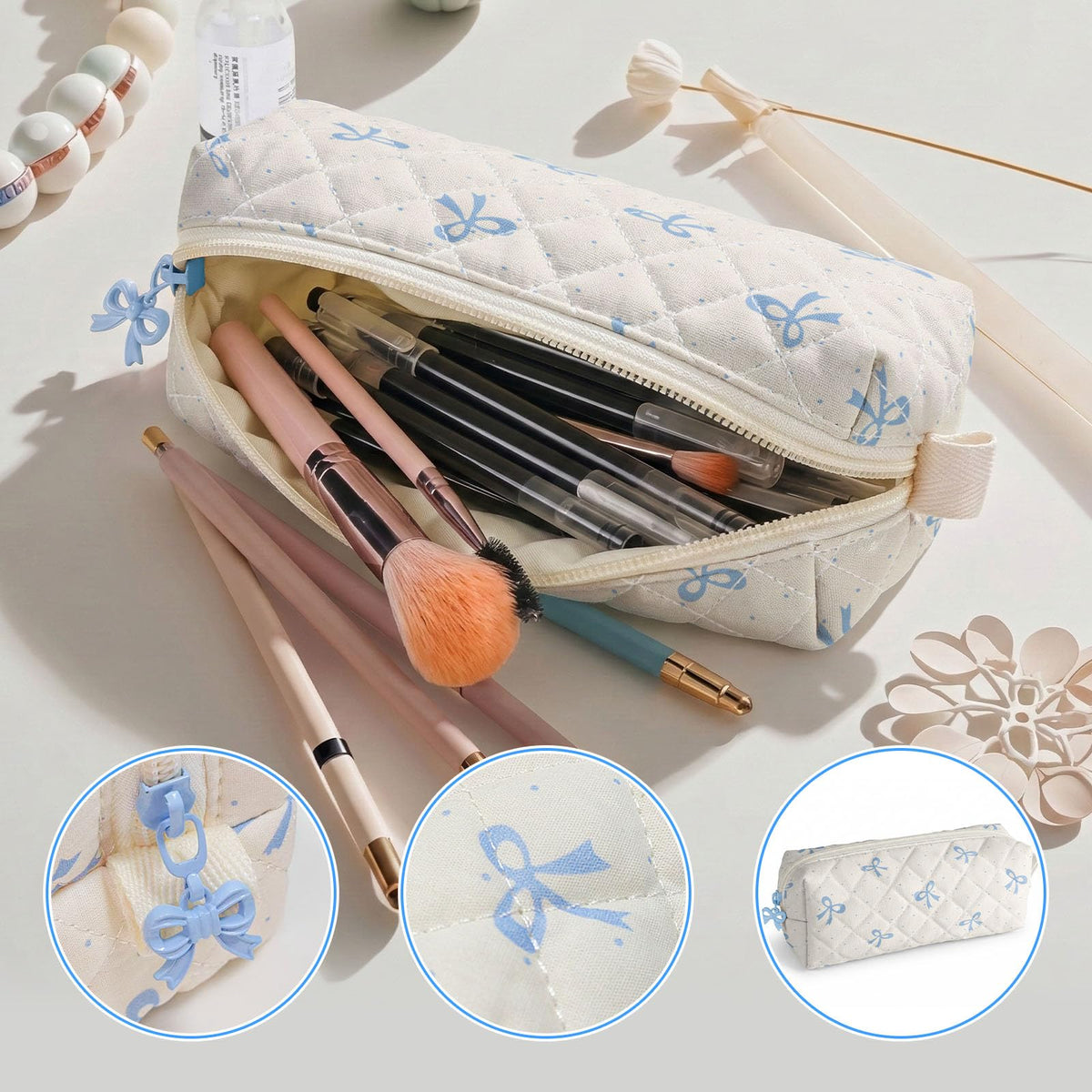 shiprabags Cute Quilted Pencil Case for Girls Women, Aesthetic Small Floral Pencil Pouch,Slim Soft