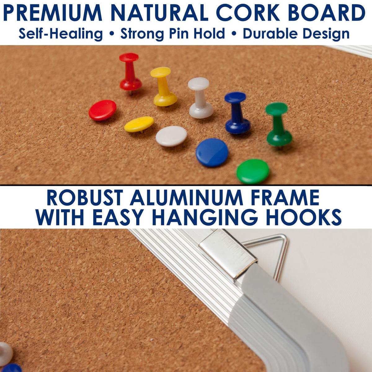 Cork Board 16x12 in, Framed Wall Hanging Bulletin Board with 10 Thumb Tacks