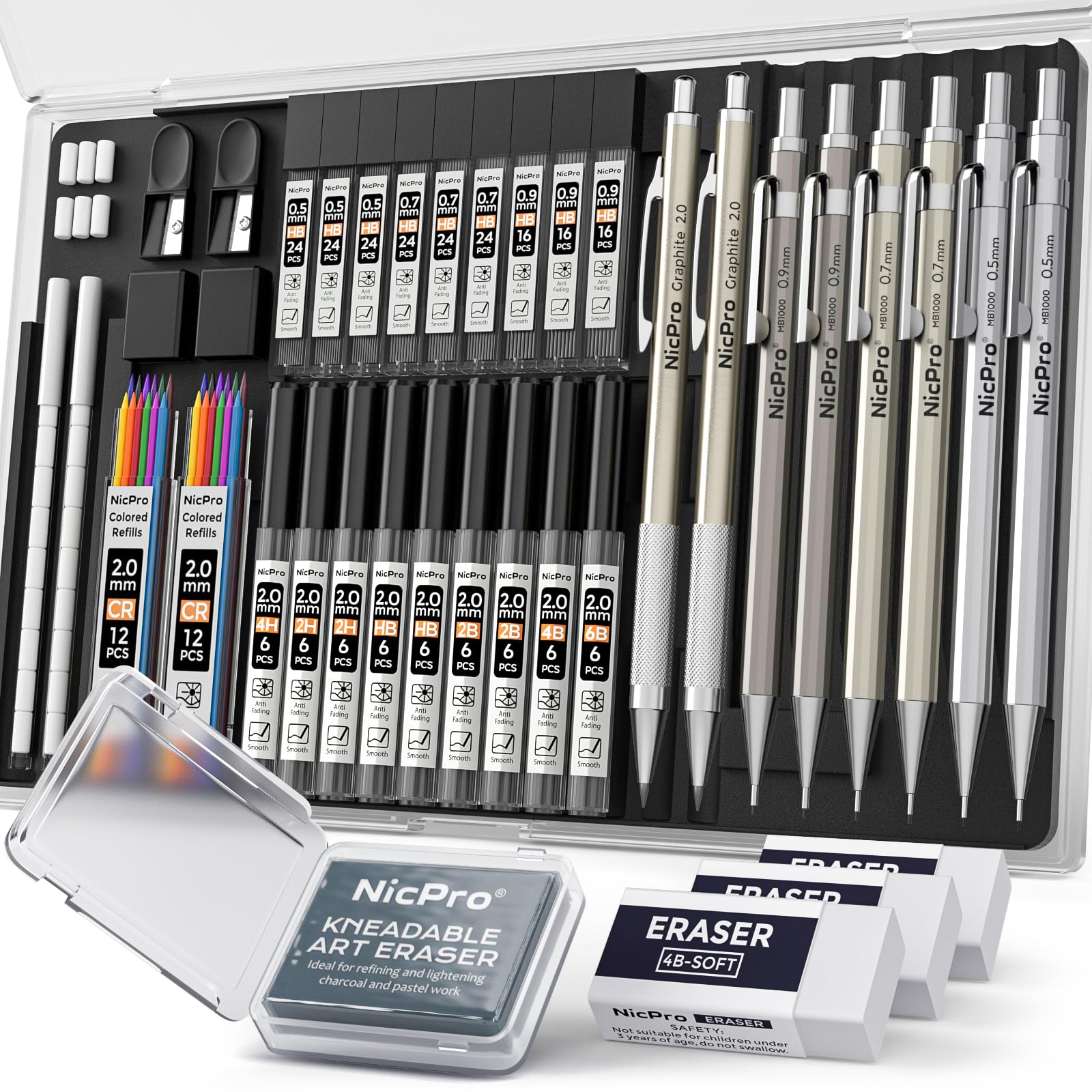 Nicpro 37PCS Art Mechanical Pencil Set, Metal Drafting Pencils 0.5 mm, 0.7 mm, 0.9 mm & 2mm Lead