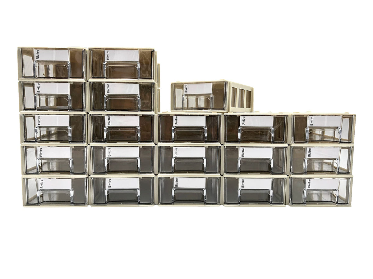 Stackable Storage Drawers Set of 20 with Dividers and Paper Labels