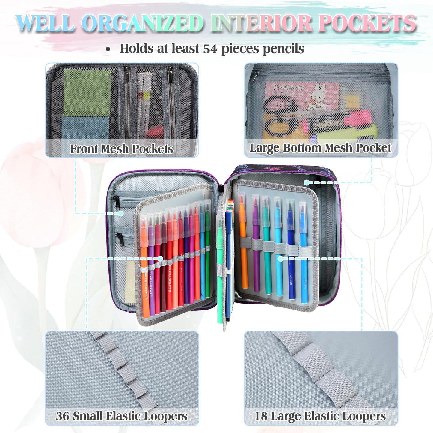 VX VONXURY Large Pencil Case, 54-Slot Colored Pen Pouch 2 Removable Sleeves